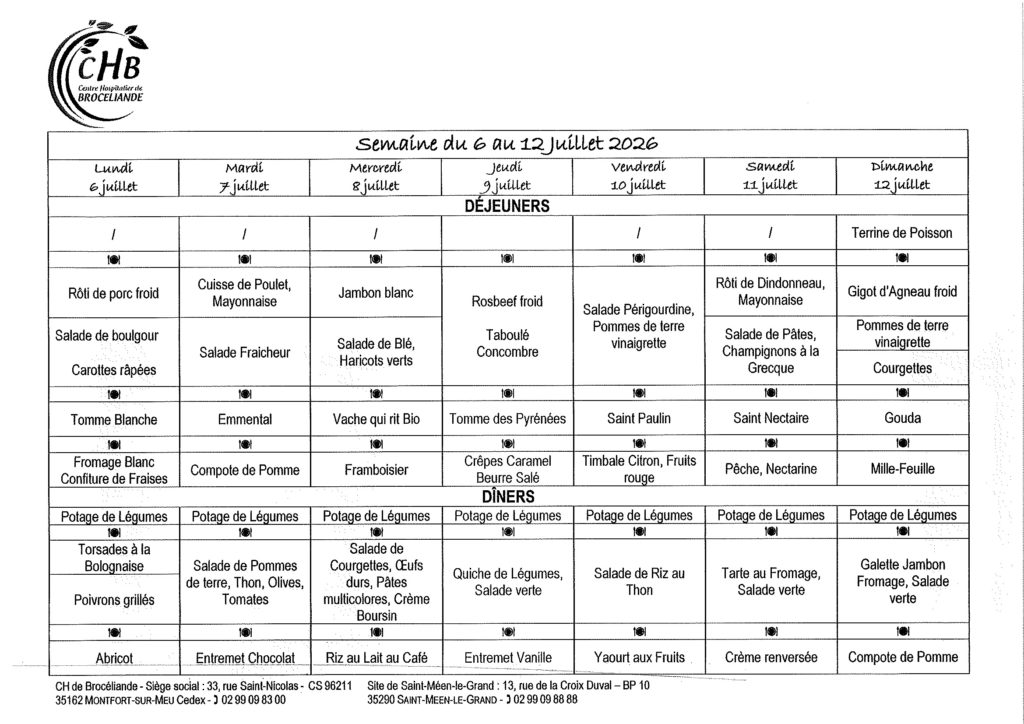 menus du 6 au 12 juillet
