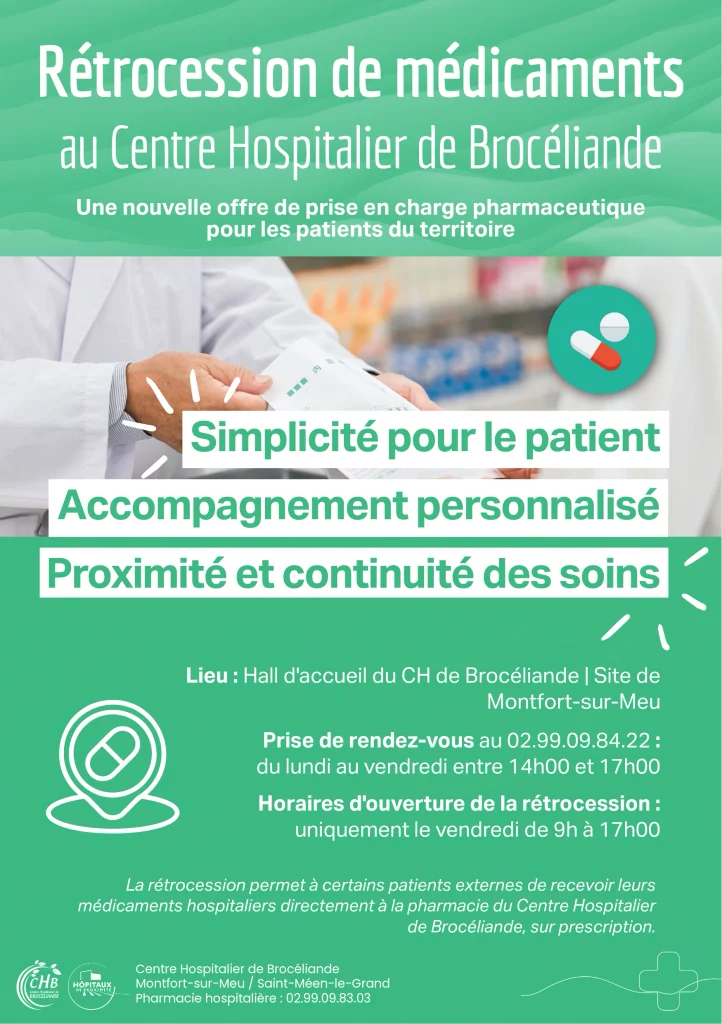 Affiche de la rétrocession médicamenteuse et d'un guichet au CH de Brocéliande